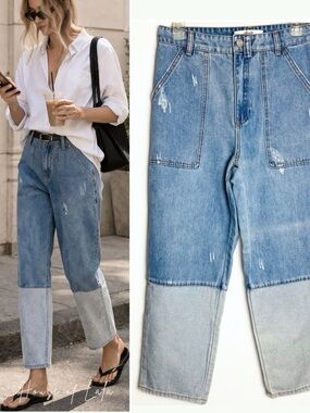 Two Tone Patchwork Denim Jeans High Rise Tapered Cropped Size 27 Utility Style